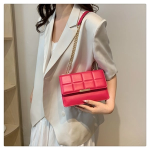 Detail of rose red quilted crossbody bag with gold buckle and chain on white suit