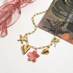 18K gold plated stainless steel necklace with pink flower and beach ocean charms