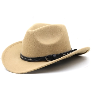 Detail of tan felt cowboy hat featuring black leather belt trim and silver metal buckle