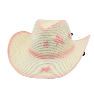 Chapeau de soleil en paille avec étoiles roses et dégradé pour la protection de plage