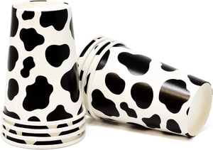 Cow print disposable paper cups for farm animal themed birthday party decorations