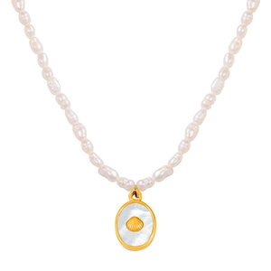 French style titanium necklace with freshwater pearls and white shell pendant