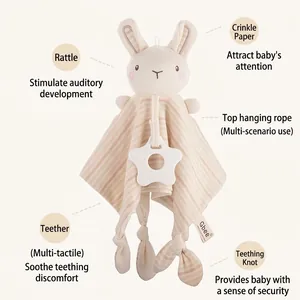 Organic cotton baby security blanket with rabbit design, star teether, and rattle features