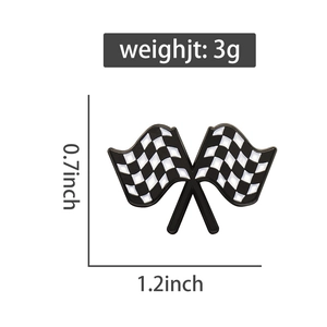 Racing style black and white checkered flags enamel brooch pin details and dimensions