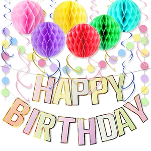 Macaron Bronzed Happy Birthday Banner With Paper Honeycomb Balls Swirls And Dot Garland For Birthday Party Decoration Supplies
