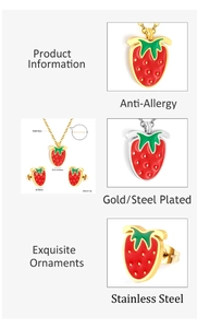 Detailed spec sheet showing strawberry jewelry set dimensions and anti-allergy features