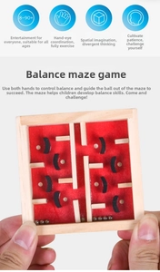 Detail of wooden balance maze toy showing hand-controlled marble movement for coordination