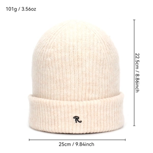 Beige knitted beanie with R embroidery and dimensions showing 22.5cm height and 25cm width