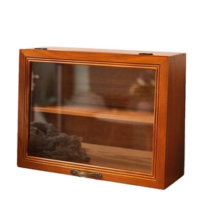 Retro brown solid wood two-tier display cabinet with glass doors and metal handles