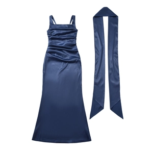 Elegant navy blue satin corset dress with matching shawl, slim fit fishtail design