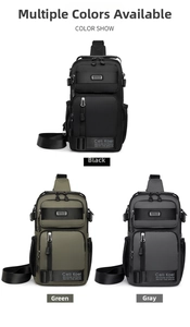 Vertical display showing black, green, and gray crossbody bags in durable oxford fabric