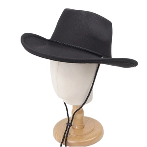 Detail view of black wool felt fedora featuring woven band and adjustable chin strap