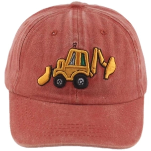 Washed cotton boys baseball cap with excavator embroidery in rust red for casual wear