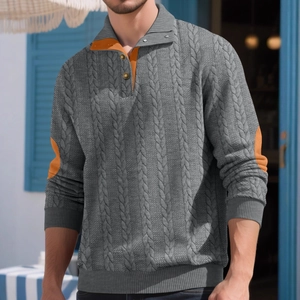 Men's grey cable knit polo sweater with orange patches and button neck detail
