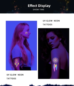 Detail showing UV glow neon temporary tattoos with dreamcatcher and star patterns