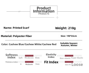 Detailed technical specifications for 190x65cm paisley pattern scarf in polyester