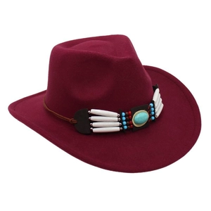 Detailed close-up of wine red western cowboy hat with ethnic turquoise beaded hatband