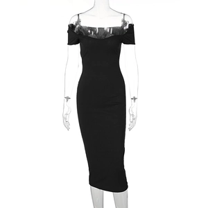 Detail of the elastic ribbed texture and off-shoulder neckline of the black midi dress