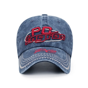 Distressed navy blue baseball cap with 3D red PG embroidery and vintage street style