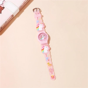 Pink cartoon unicorn children quartz watch with silicone strap on light pink background