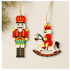 Detailed view of wooden nutcracker soldier on horse ornaments with natural hemp rope
