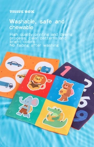 Detail view of colorful washable fabric squares with animal patterns for baby tissue box toy