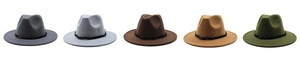 Macro view of five assorted wool felt wide brim fedora hats with braided bands