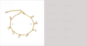 Detailed specs of 18K gold plated stainless steel anklet with pearl tassels and size info