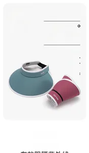 Detailed UPF 50+ wide brim sun visor hats in blue and magenta with adjustable straps