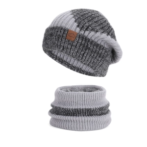 Two-piece winter knit hat and neck warmer set with warm fleece lining in dual-tone grey