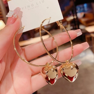 Minimalist Large Hoop Dangle Earrings With Heart Pendant Gold Silver Plated Alloy Stainless Steel Post For Women Trendy Ins Style Jewelry