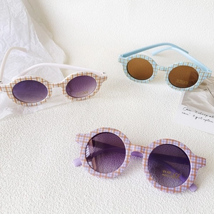 Kids round checkerboard sunglasses with UV400 protection in purple, blue and orange