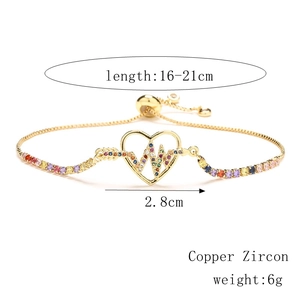 Adjustable copper heart bracelet with colorful cubic zirconia and dimensions data