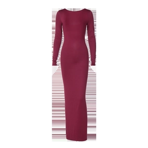 Front view of slim fit burgundy long sleeve maxi dress with backless pleated detail