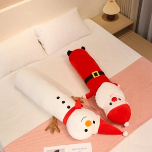 Detailed plush texture and holiday colors of Santa and Snowman long pillows
