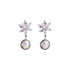 Elegant silver snowflake pearl earrings with sparkling zircon crystals in a minimalist style