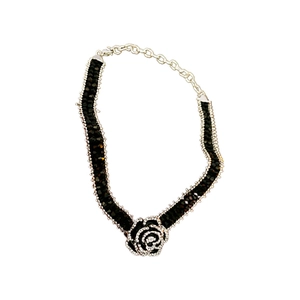 Sparkling crystal flower choker necklace with black beads and silver metal chain