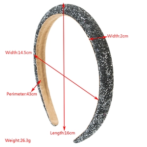 Sparkly sponge padded headband with gray glitter and detailed size specifications