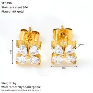 Detail specifications of 18k gold plated 8mm clover earrings with zircon and steel specs