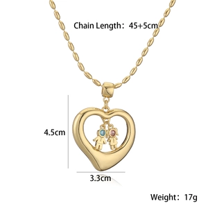 Detail view of heart pendant with blue and pink stones including size and weight specs