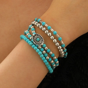 Western style turquoise beaded multilayer bracelet set with vintage compass charms