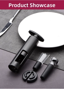 Close-up of a 4-piece matte black wine opener set including pump and vacuum stopper
