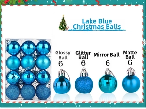 Detail of 24pcs lake blue Christmas ornaments showing shiny, glitter, matte, and mirrored finishes