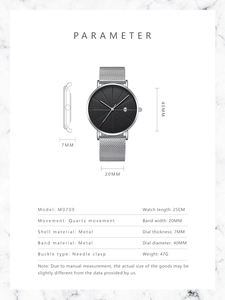 Detailed technical specifications of quartz watch with silver mesh band and 40mm dial