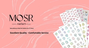 Close-up of holographic embossed nail stickers with geometric butterfly and floral patterns