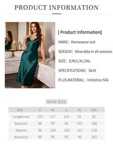Detailed size guide table for women's satin nightdress showing S to XXL measurements