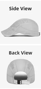 Detail view of the breathable mesh side and adjustable back strap on the grey sports cap