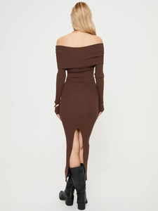 Brown off-the-shoulder knitted midi dress with long sleeves and back slit back view
