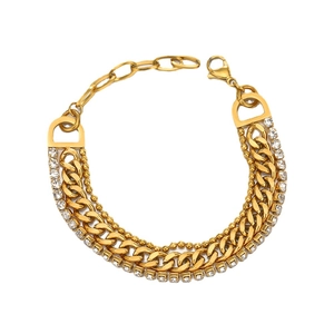 Three-layer gold stainless steel chain bracelet with crystal accents and D-shaped buckles