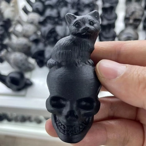 Close-up of a matte black obsidian figurine featuring a cat sitting on a skull